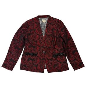Chicos Red Black Brocade Blazer Jacket Damask Beaded Sz M/8 (Chico's Sz 1)